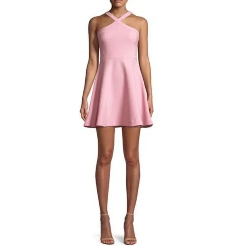 LIKELY Fit and Flare Dress Halter Neck Sleeveless Mini Skater Light Pink